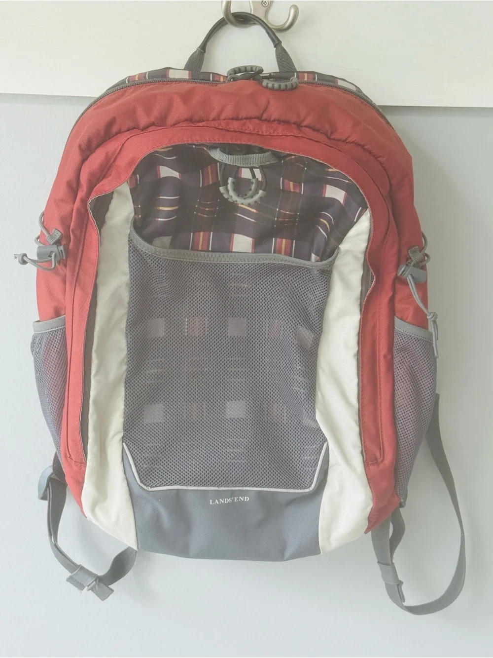 Lands' End Kids Large Red Blue Gray Plaid Backpack 18